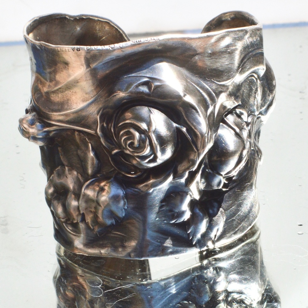 Rose Floral Rare Antique Solid Sterling Silver 925 Wide Cuff Wedding Bridal - Picture 6 of 8